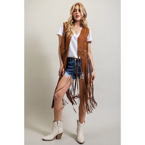 Suede Studded Detail Fringe Hem Vest