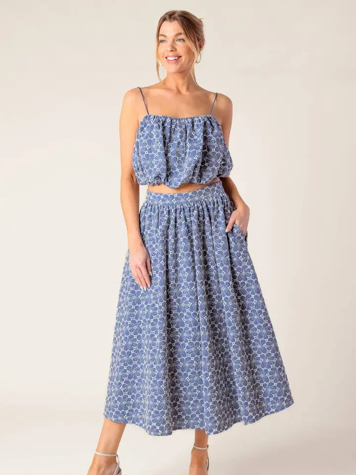 A Woven Eyelet Top and Skirt Set