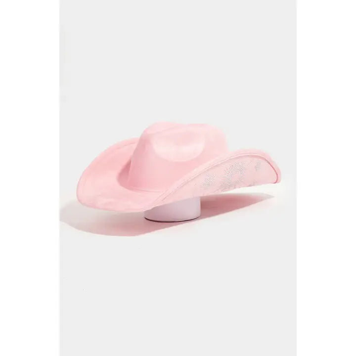 Rhinestone Moon and Star Embroidered Western Cowboy Hat | Pink