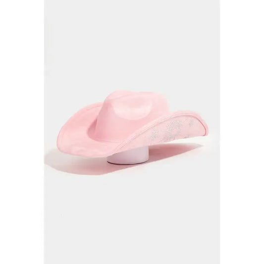 Rhinestone Moon and Star Embroidered Western Cowboy Hat | Pink
