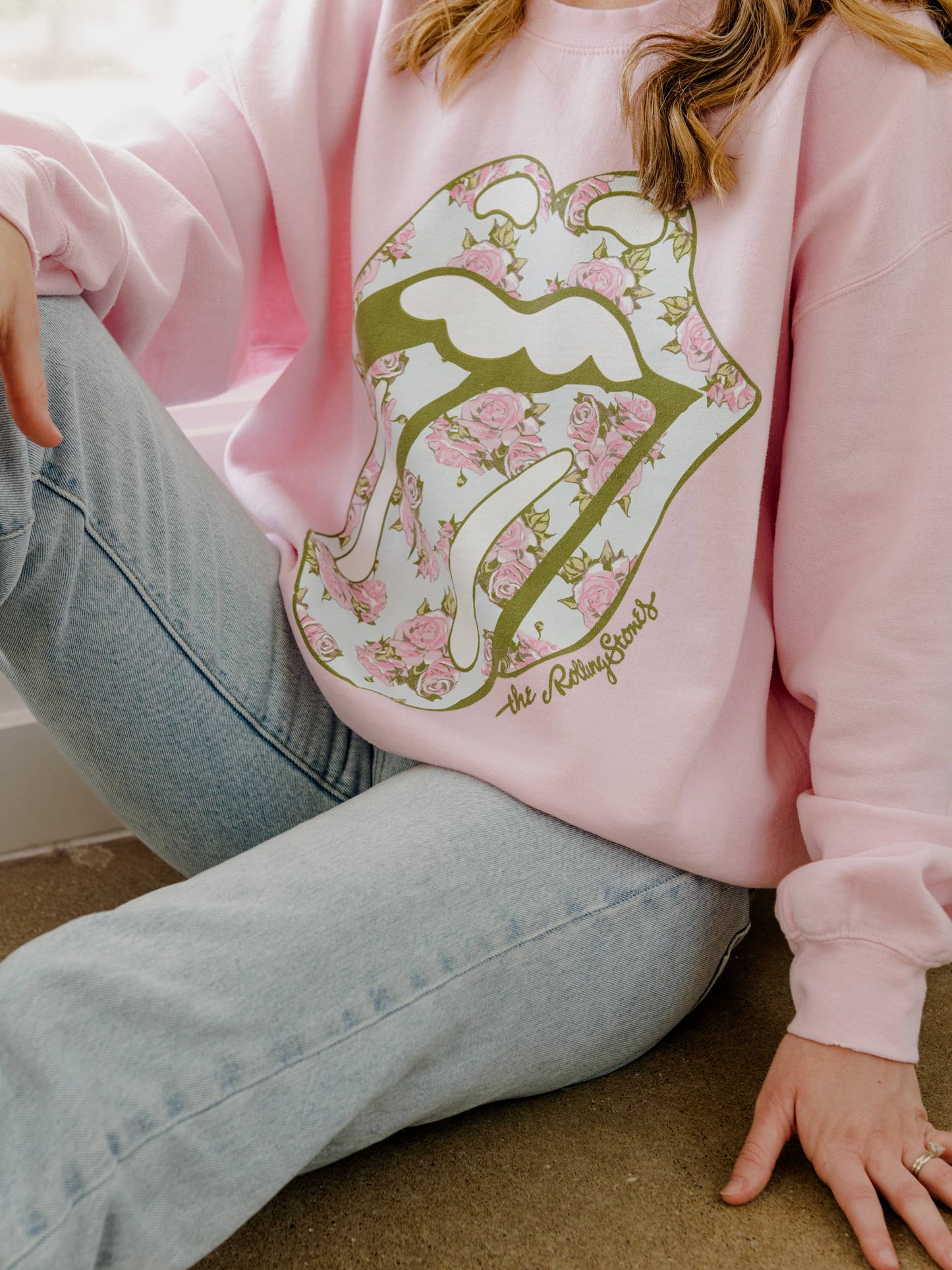 Rolling Stones Floral Lick Pink Thrifted Graphic Sweatshirt