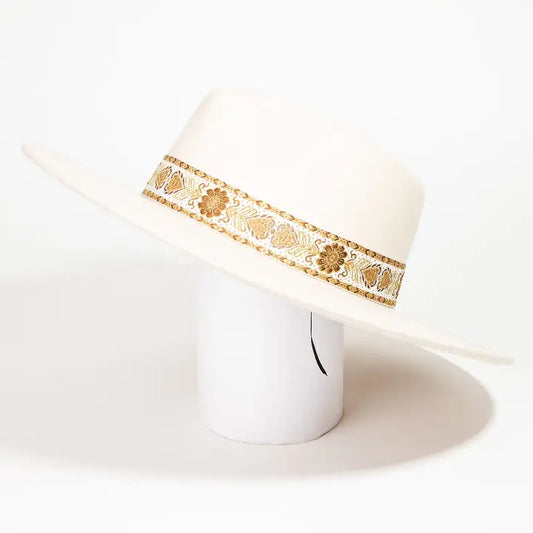 Embroidered Strap Fedora Fashion Hat White
