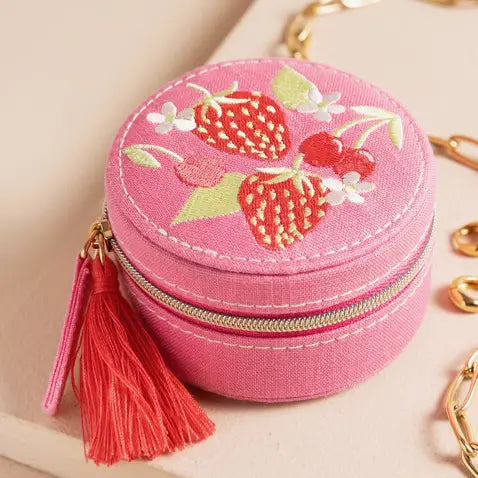 Strawberry Embroidered Travel Round Jewellery Case in Pink
