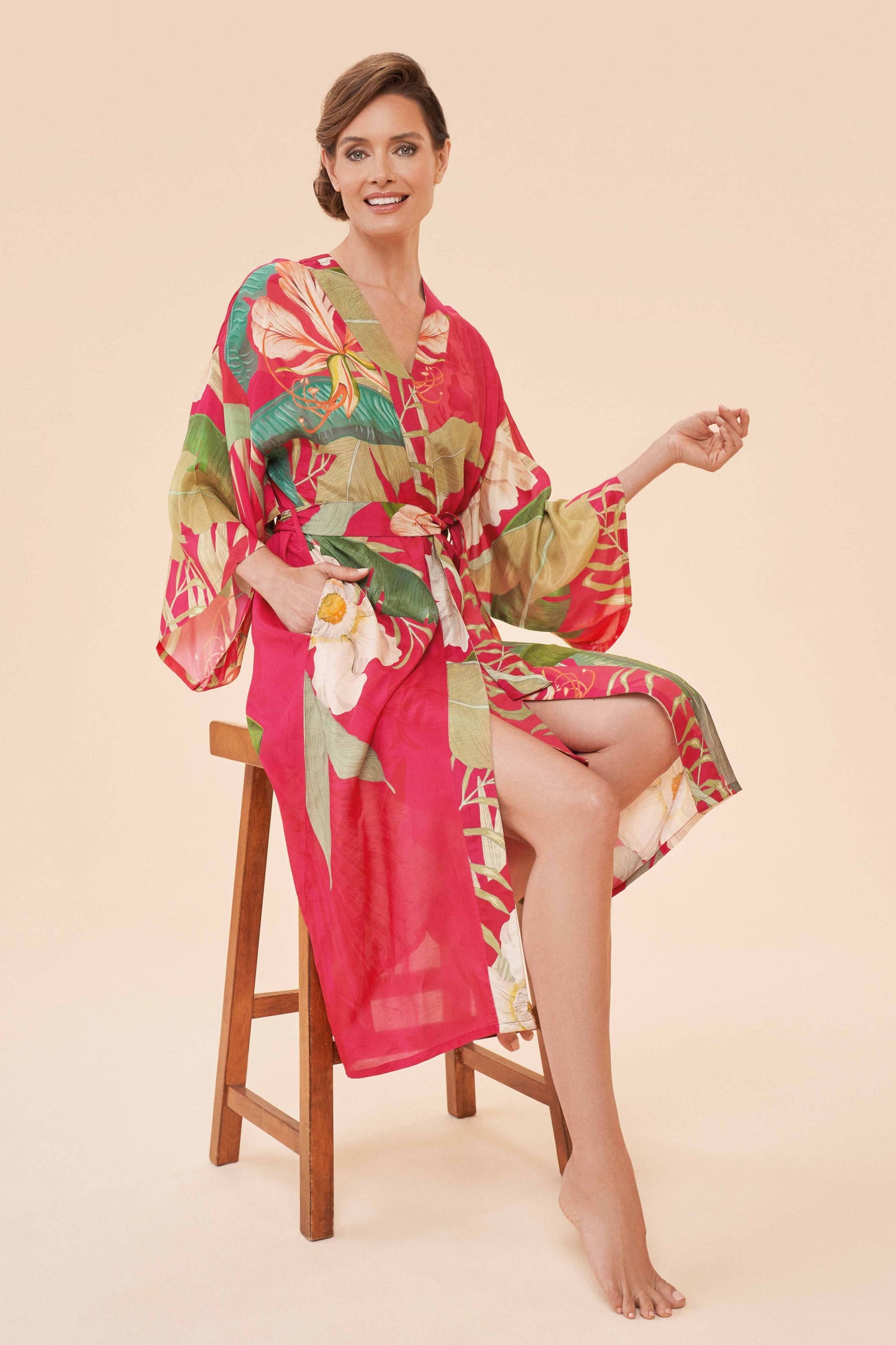 Delicate Tropical Kimono Gown | Dark Rose