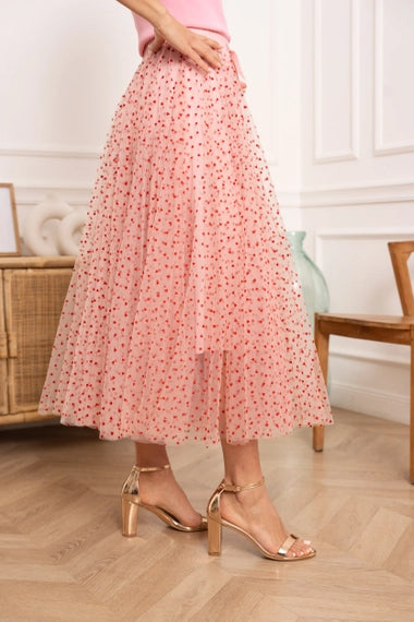 Aria Heart Print Tulle Skirt - Pink