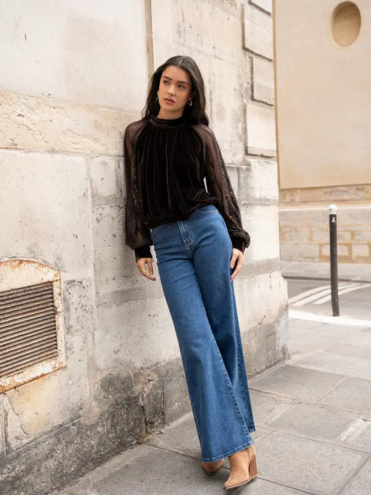 Two-Material Velvet Blouse