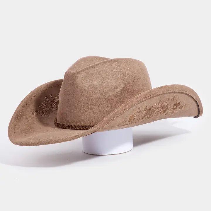 Flower Embroidery Cowboy Hat Tan
