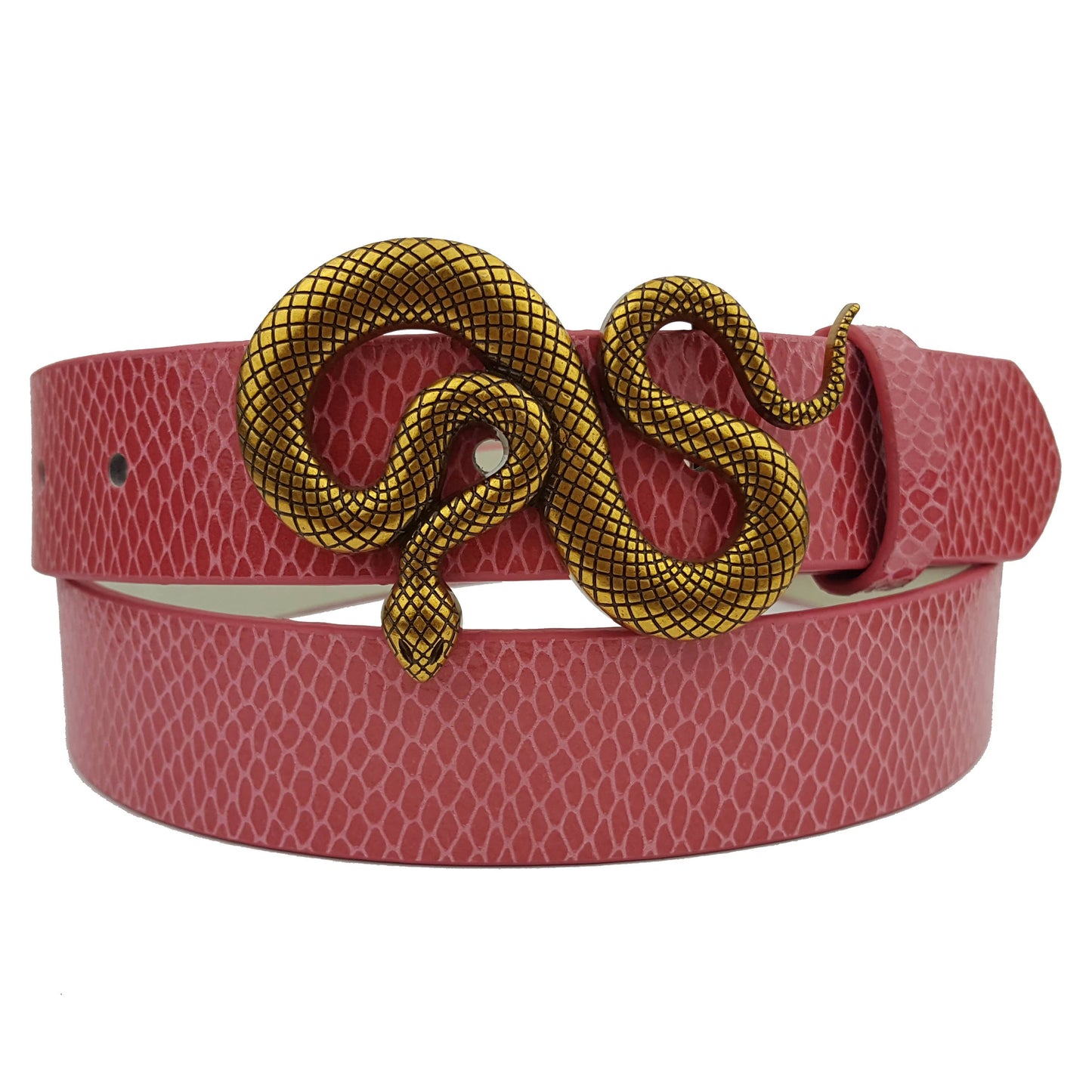Snake Printed Leather Belt With Snake Buckle