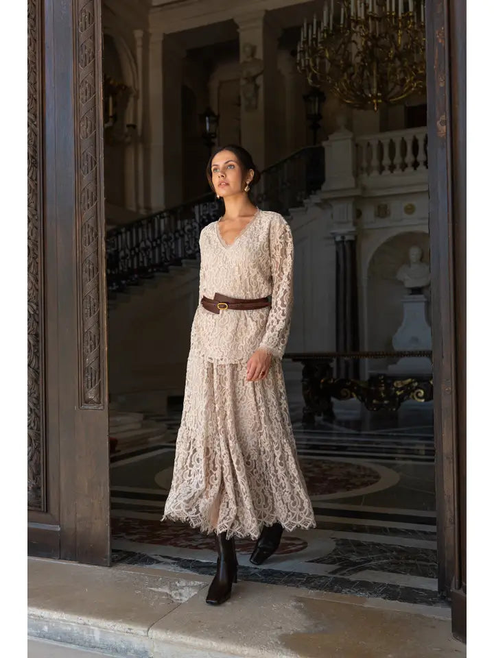 Maël Lace Skirt with Godets - Taupe