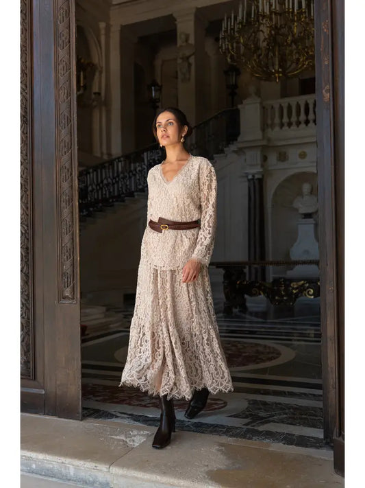 Maël Lace Skirt with Godets - Taupe