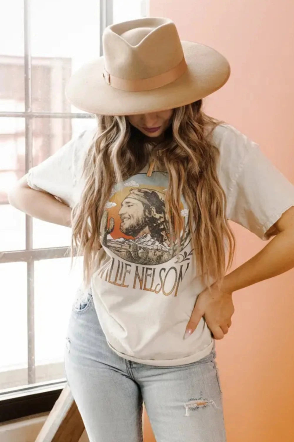 Willie Nelson In The Sky | Off White Thrifted Tee