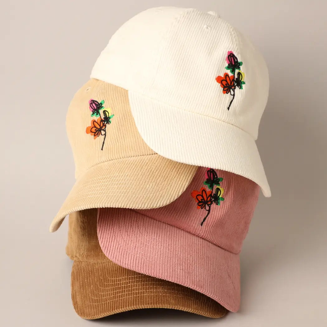 Watercolor Flower Embroidered Corduroy Baseball Cap