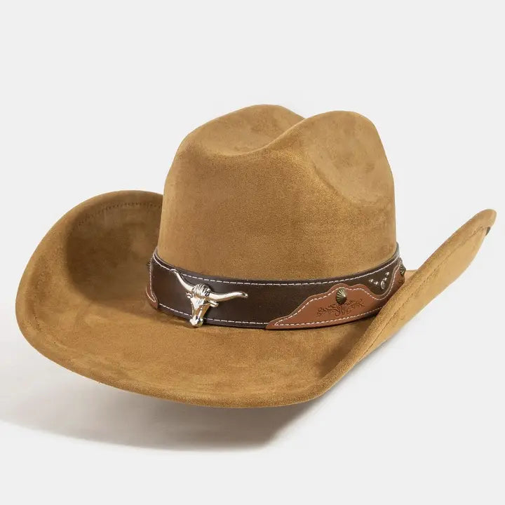 Western Long Horn Leather Strap Cowboy Hat Brown