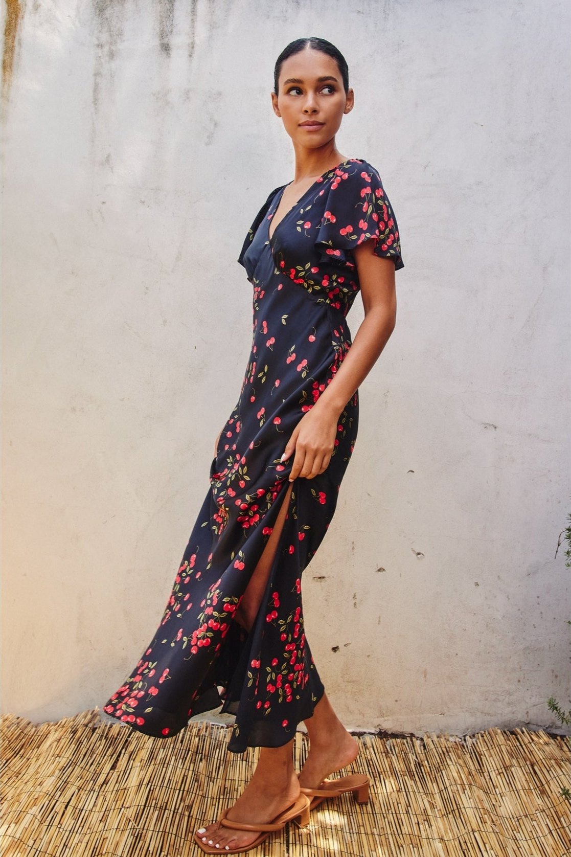 Cherry Flutter Sleeve Maxi Dress