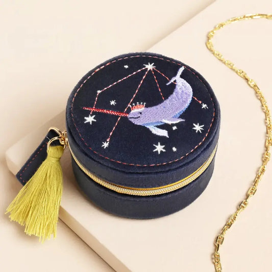 Navy Narwhal Spirit Animal Velvet Round Travel Jewelery Case