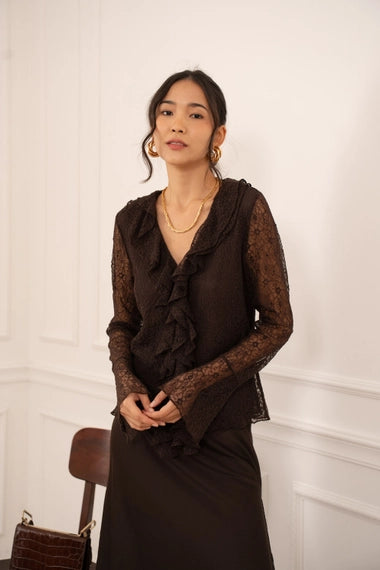Lace Blouse with Ruffled V-Neck