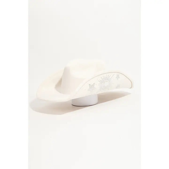 Rhinestone Moon and Star Embroidered Western Cowboy Hat | White
