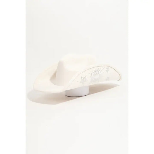 Rhinestone Moon and Star Embroidered Western Cowboy Hat | White