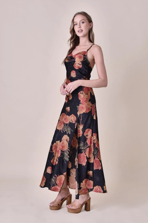 Floral Print Cowl Neck Maxi Dress with Side Slit