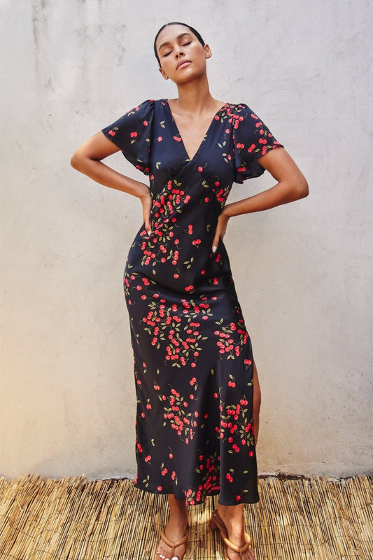 Cherry Flutter Sleeve Maxi Dress