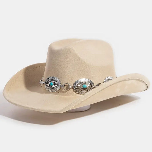 Turquoise Stud Concho Belt Western Cowboy Hat White