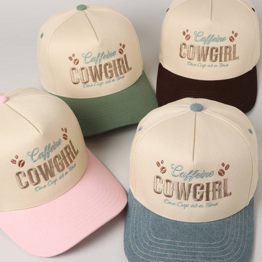 Caffeine Cowgirl One Cup At A Time Lettering Embroidery Cap