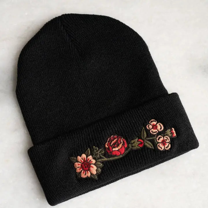 Flower Chain Beanie | Knit Toque with Embroidery