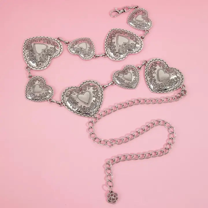 Engraved Heart Chain Belt Silver