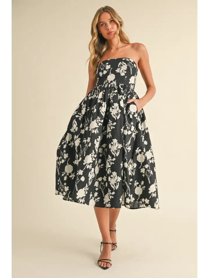 Strapless Flare Midi Dress | Black