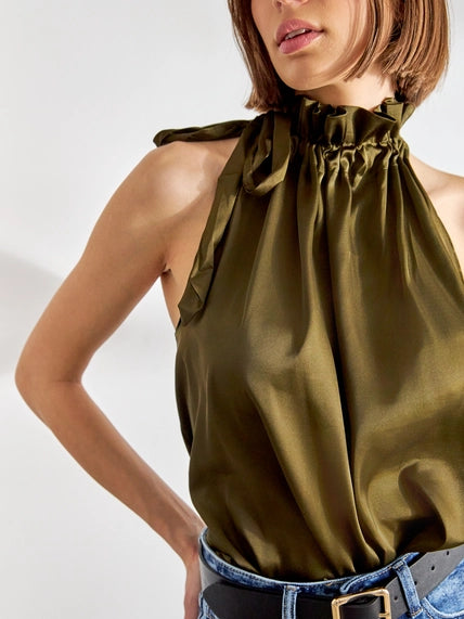 Elisabeth Satin Top with Bow On the Collar