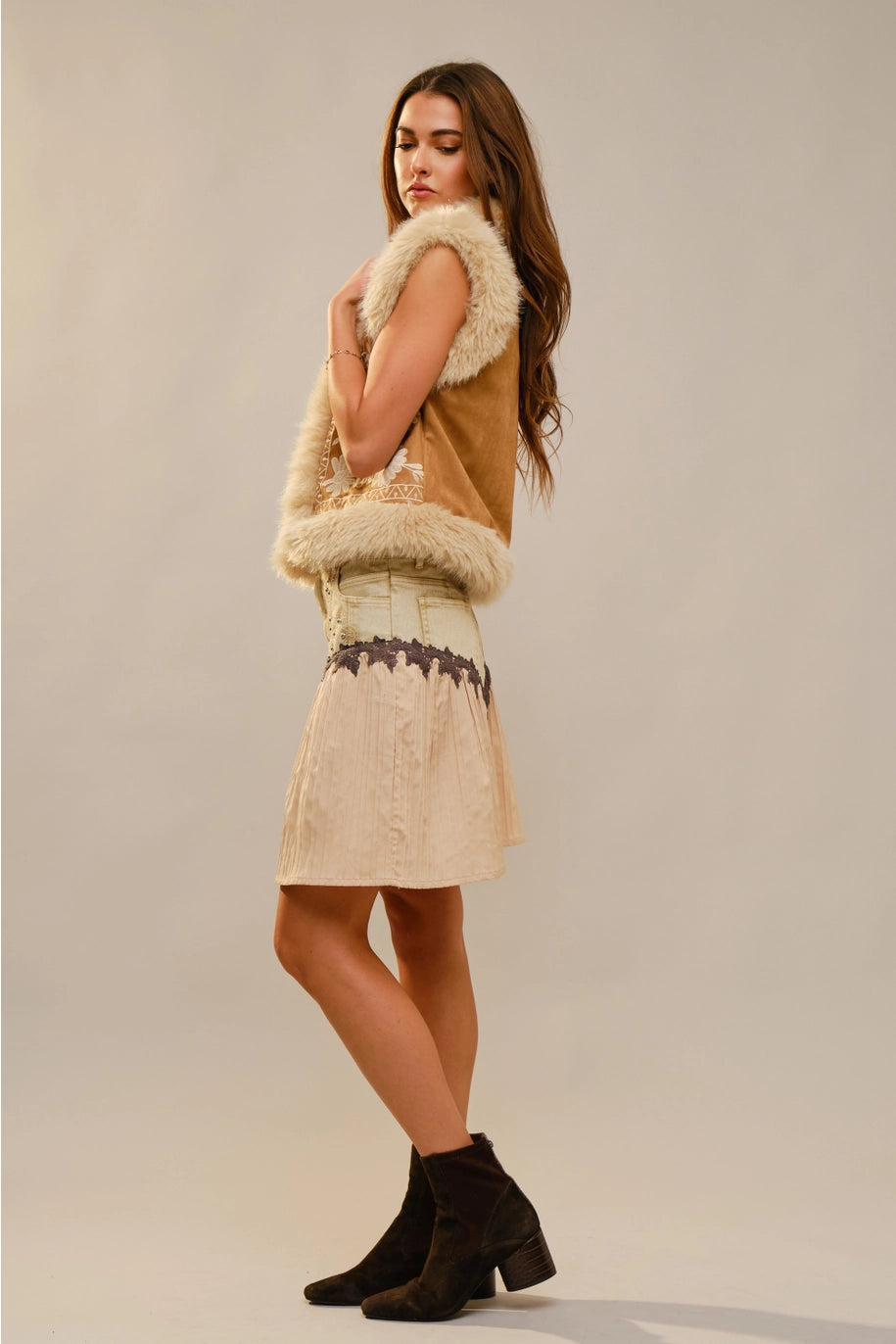 Embroidered Suede Vest with Fur Trim