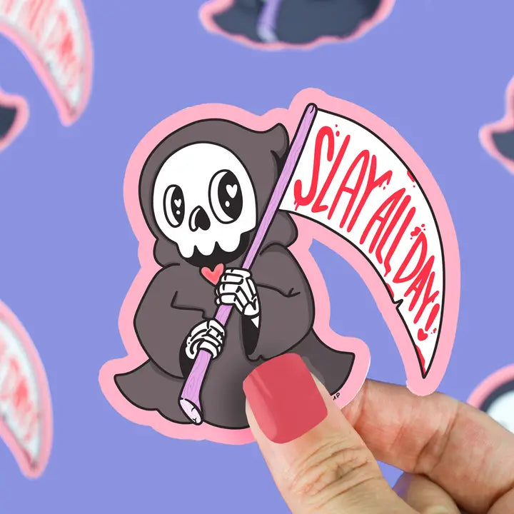 Slay All Day Cute Grim Reaper Halloween Vinyl Sticker