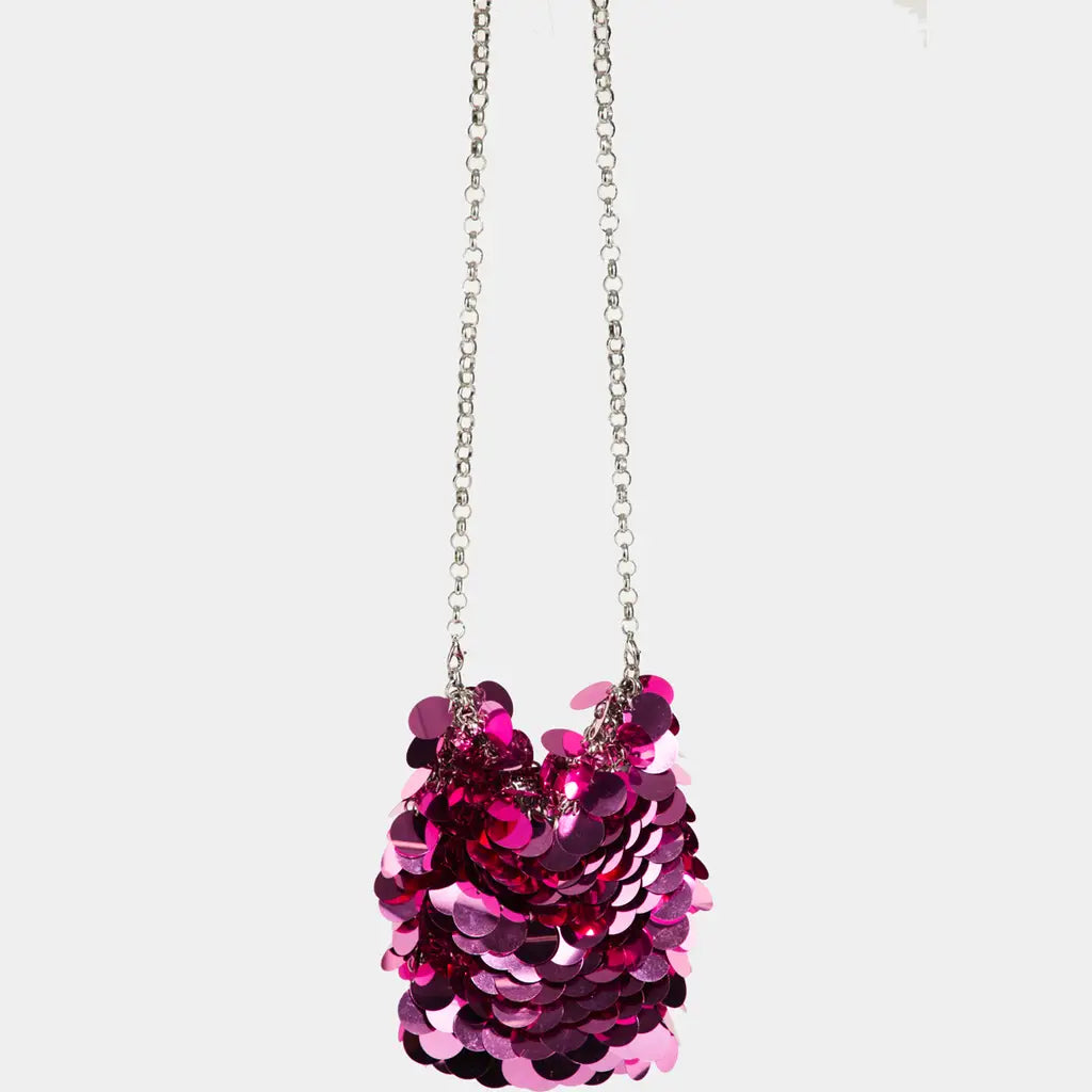 Sequin Chain Mail Pouch Bag Pink