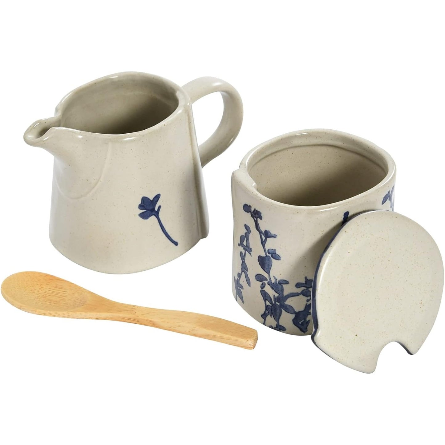 Hand-Stamped Stoneware Set | Sugar Pot, Lid, Wood Spoon & Creamer