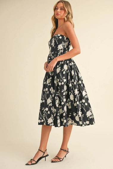 Strapless Flare Midi Dress | Black