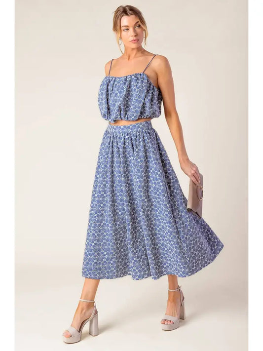 A Woven Eyelet Top and Skirt Set