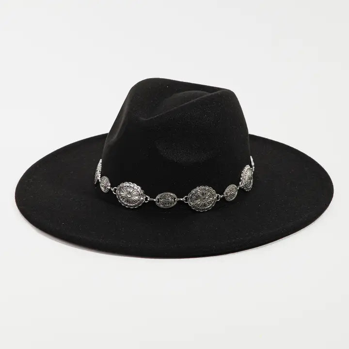 Oval Coin Chain Fedora Hat Black