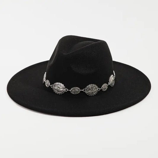Oval Coin Chain Fedora Hat Black