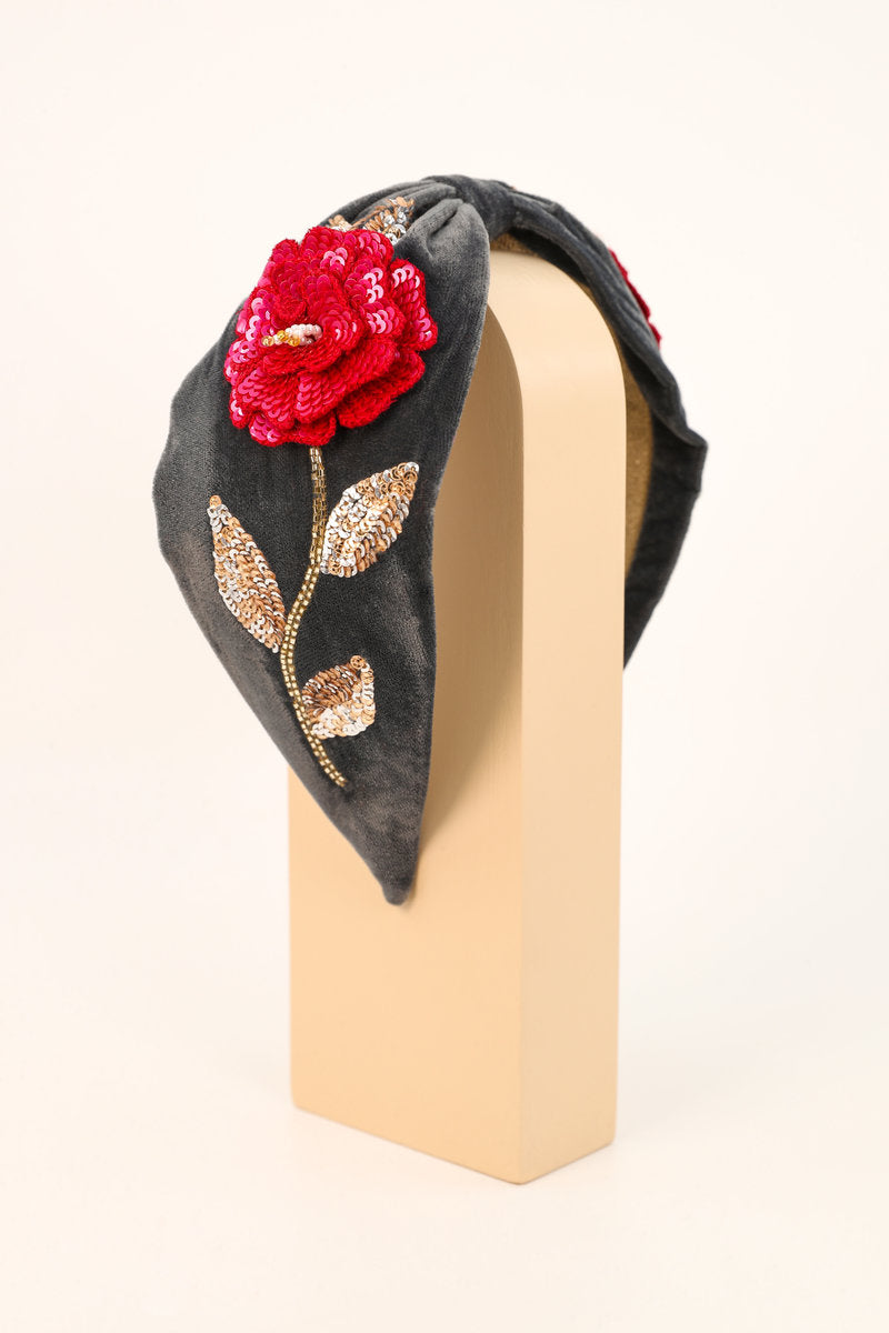 Velvet Embroidered Headband | Zinnia Flower