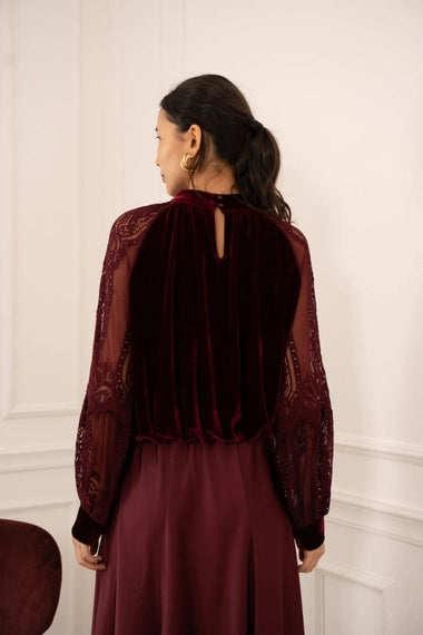 Two-Material Velvet Blouse with Lace Sleeves