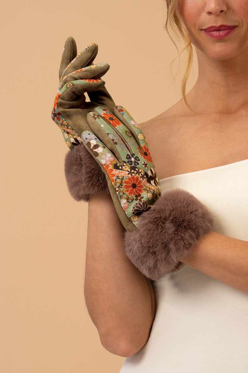 Bernadette 70s Floral Kaleidoscope Gloves | Olive & Rust