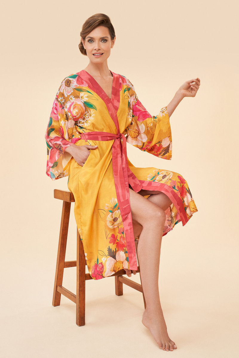 Impressionist Floral Kimono Gown | Mustard