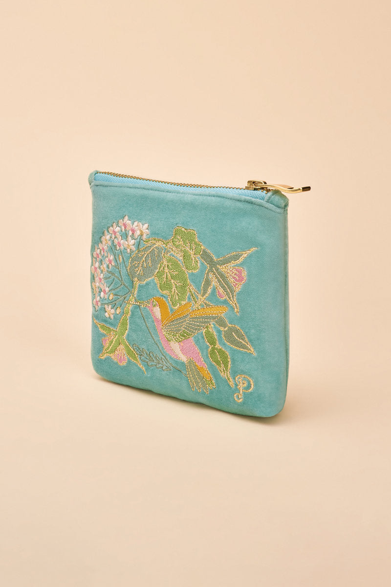 Velvet Embroidered Mini Pouch | Hummingbird