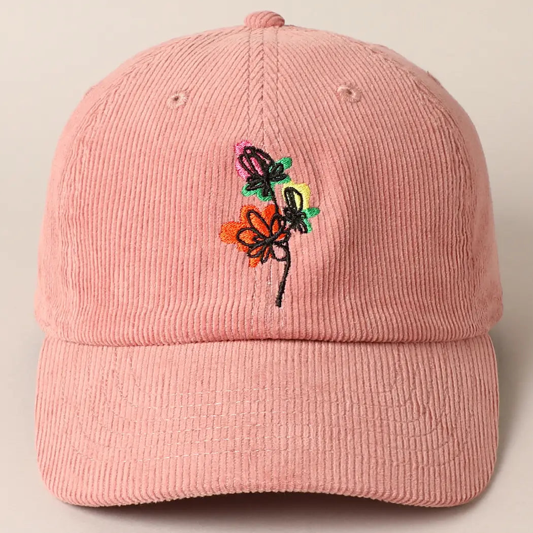 Watercolor Flower Embroidered Corduroy Baseball Cap