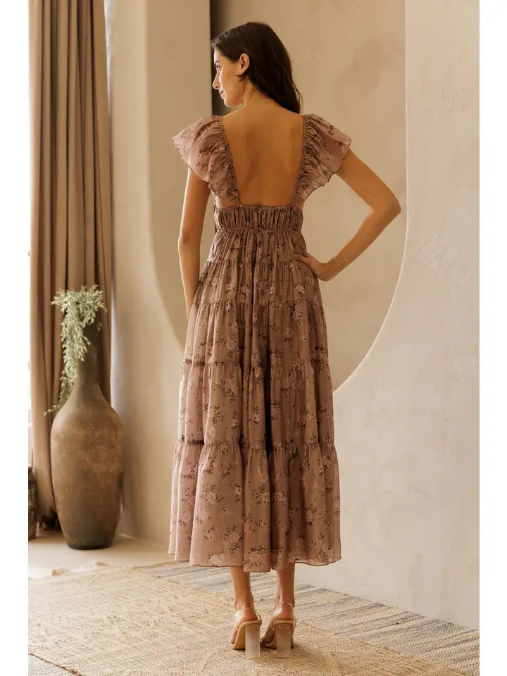 Floral Tie Front Tiered Midi Dress