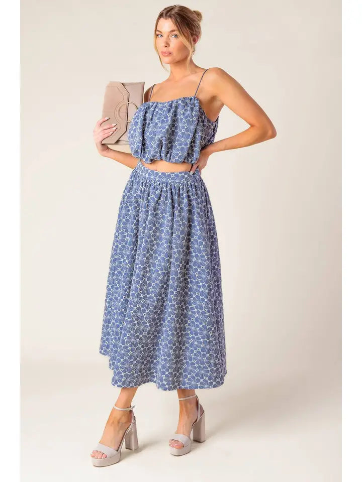 A Woven Eyelet Top and Skirt Set
