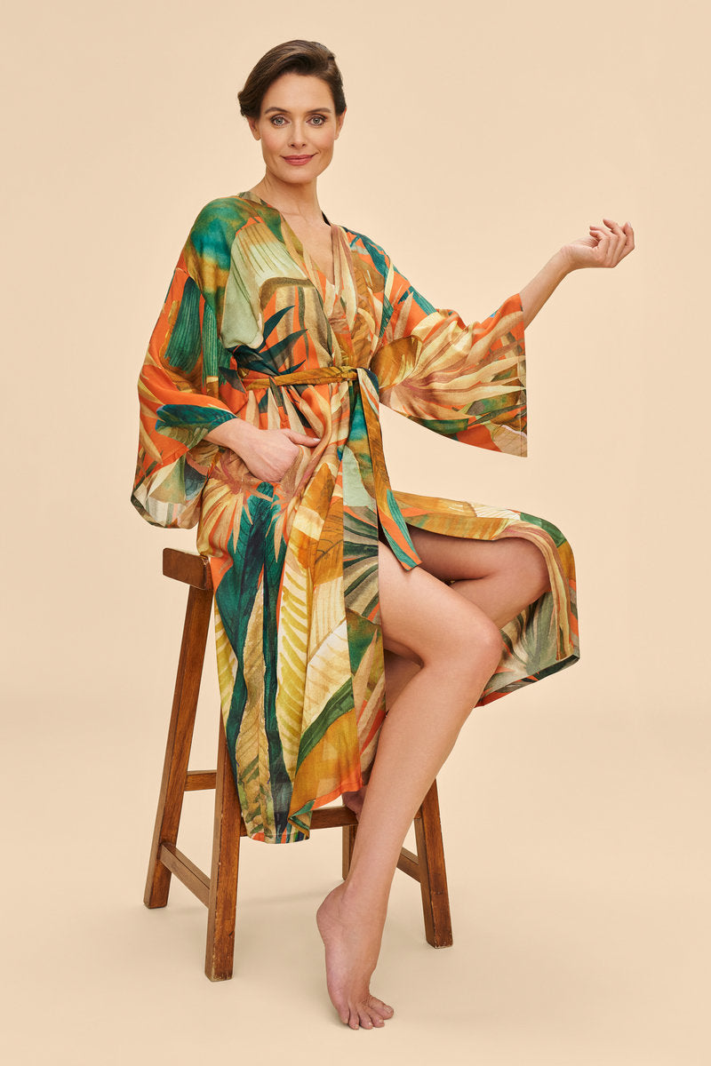 Painted Palms Kimono Gown | Tangerine