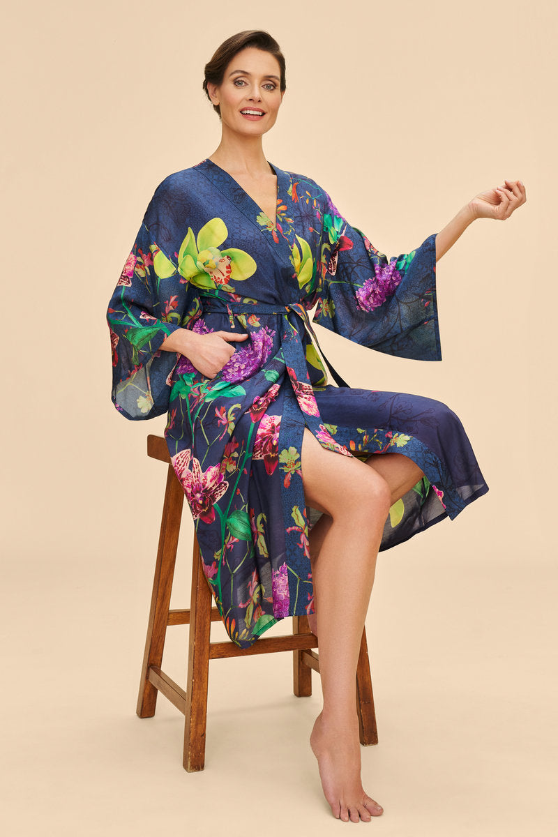 Exotic Evening Floral Kimono Gown | Ink