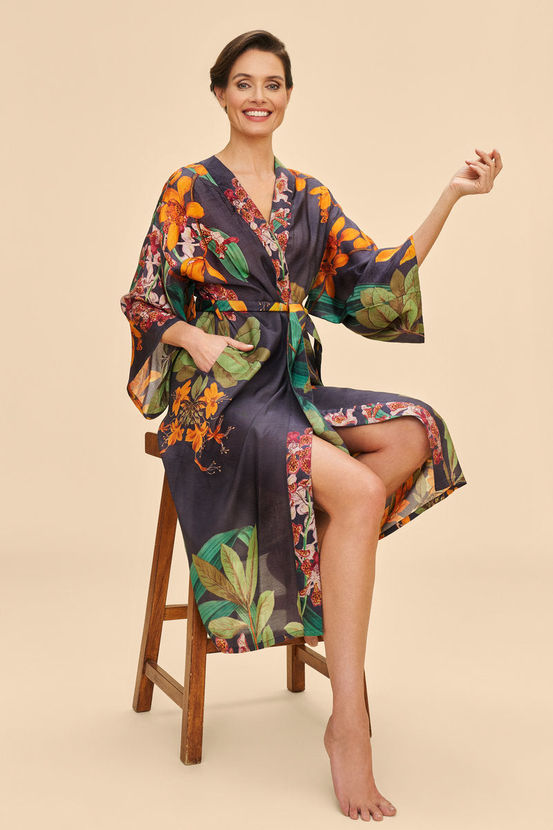 Botany Bliss Floral Kimono Gown | Charcoal