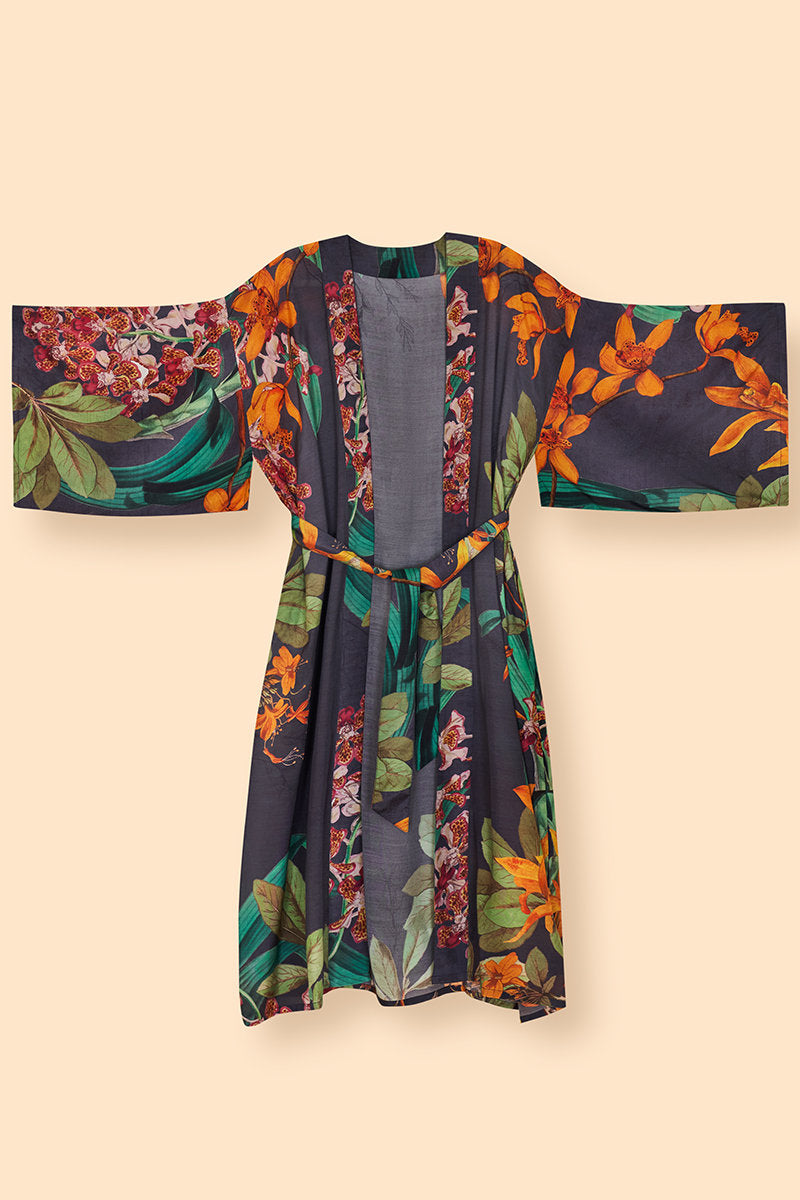 Botany Bliss Floral Kimono Gown | Charcoal